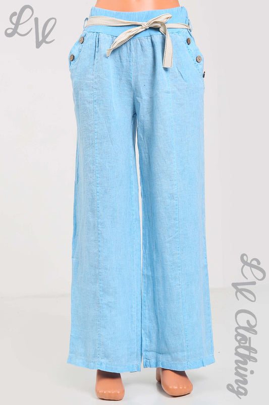 Turquoise linen trousers with elastic waist, button pockets and matching belt, wide leg