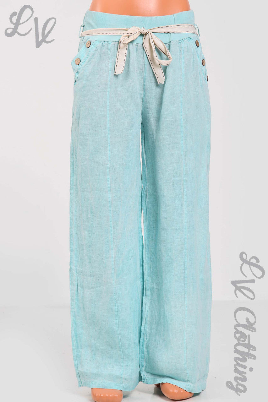 Ladies Elasticated Waist Linen Trousers With Button Pocket Detail & Belt Mint - Unit Price £17.99