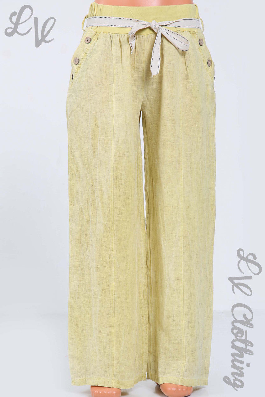 Ladies Elasticated Waist Linen Trousers With Button Pocket Detail & Belt Mustard - Unit Price £17.99