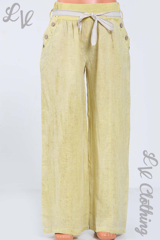 Ladies elasticated waist linen trousers, mustard yellow, buttoned pocket detail, belt tie
