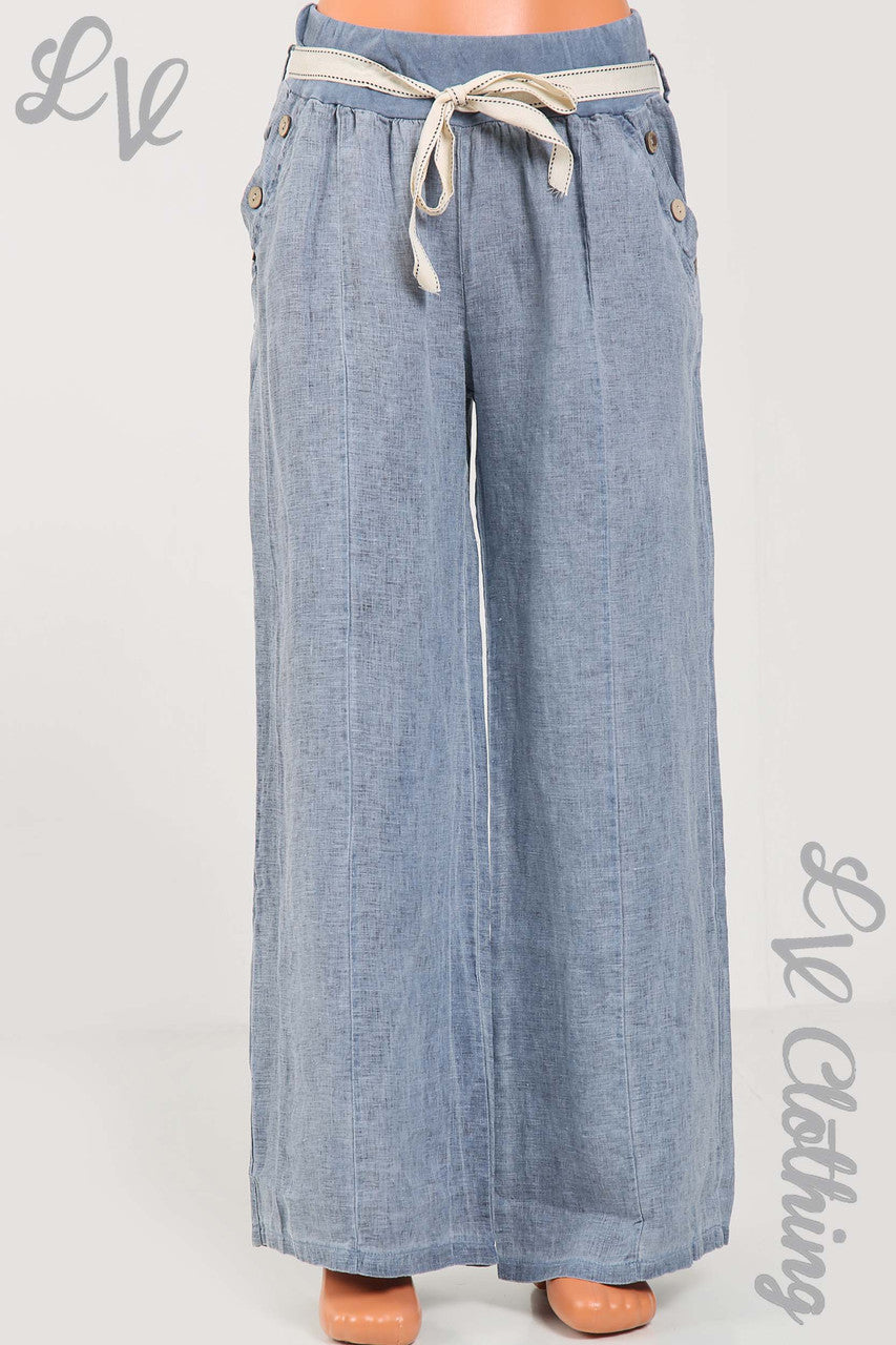 Ladies Elasticated Waist Linen Trousers With Button Pocket Detail & Belt Navy - Unit Price £17.99