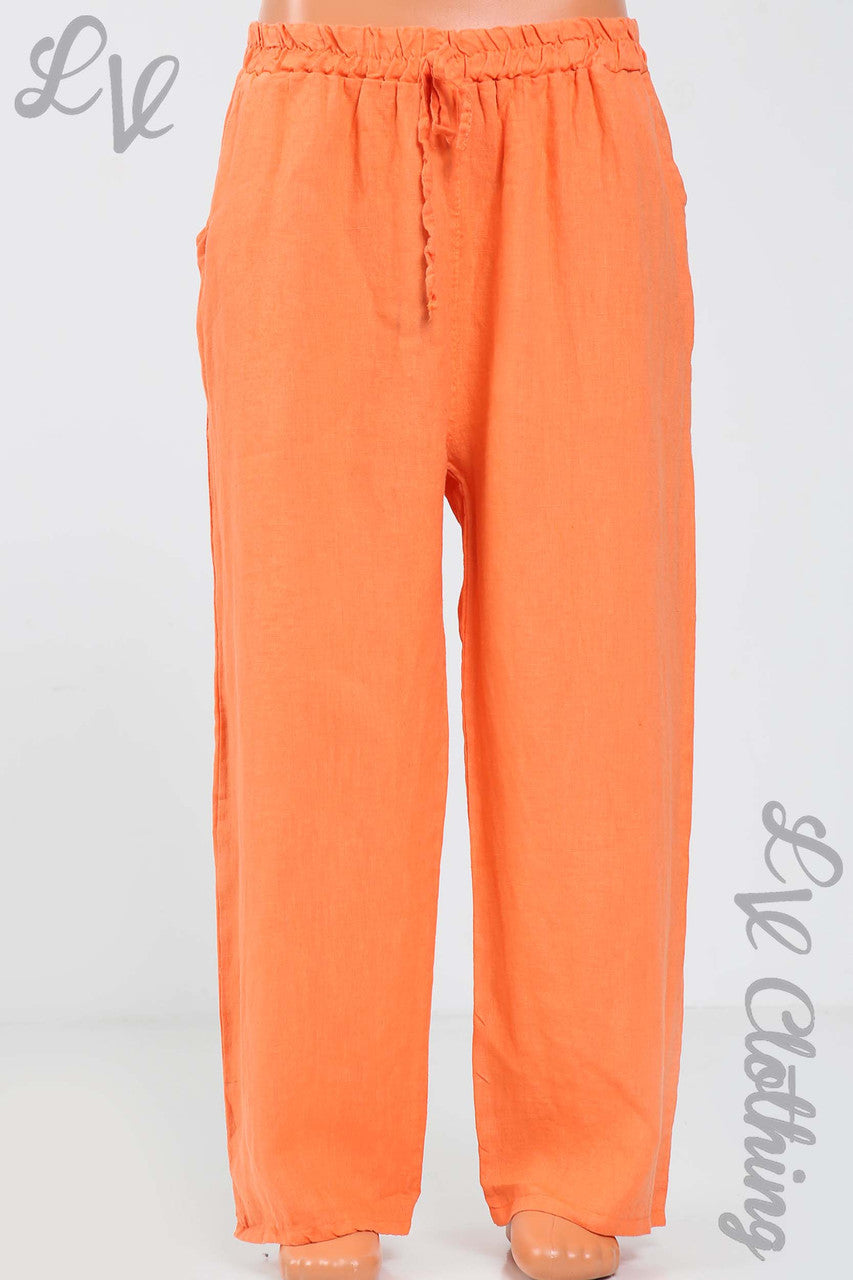 Dames Linnen Broek Met Elastische Trekkoord Taille Oranje - Prijs per eenheid €15,99