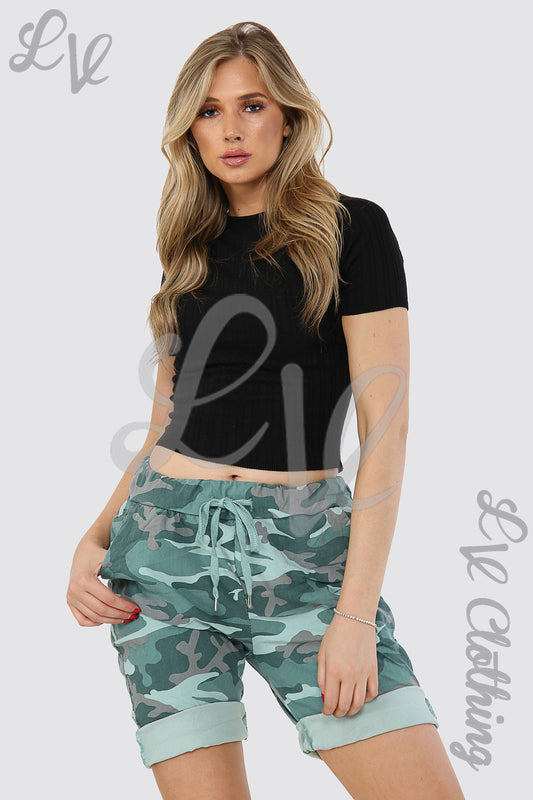 Camouflage magic shorts in teal and green with light mint trim, drawstring waist