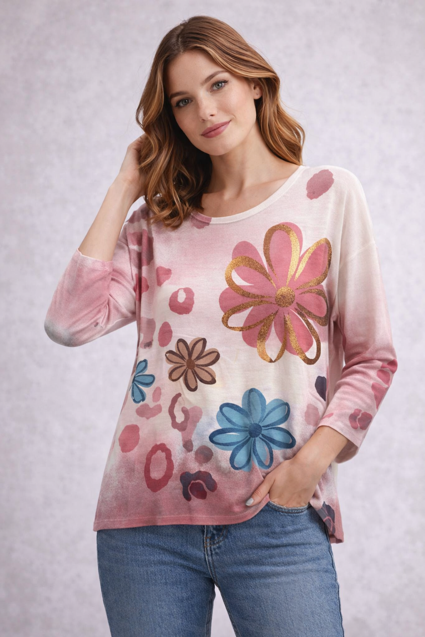 Floral Print Lightweight Knit Top - Dusty Pink