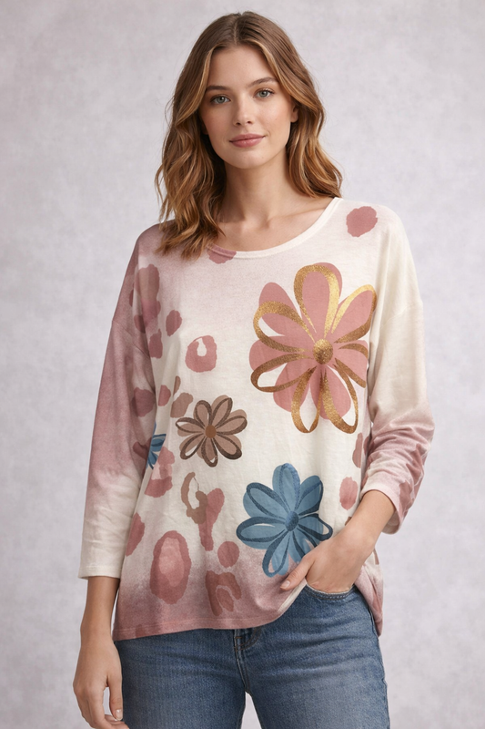 Floral Print Lightweight Knit Top - Camel