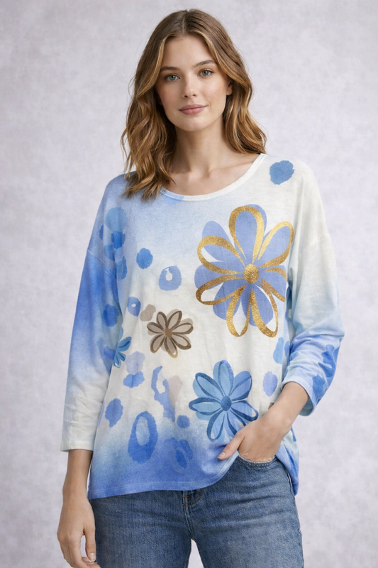 Floral Print Lightweight Knit Top - Sky Blue