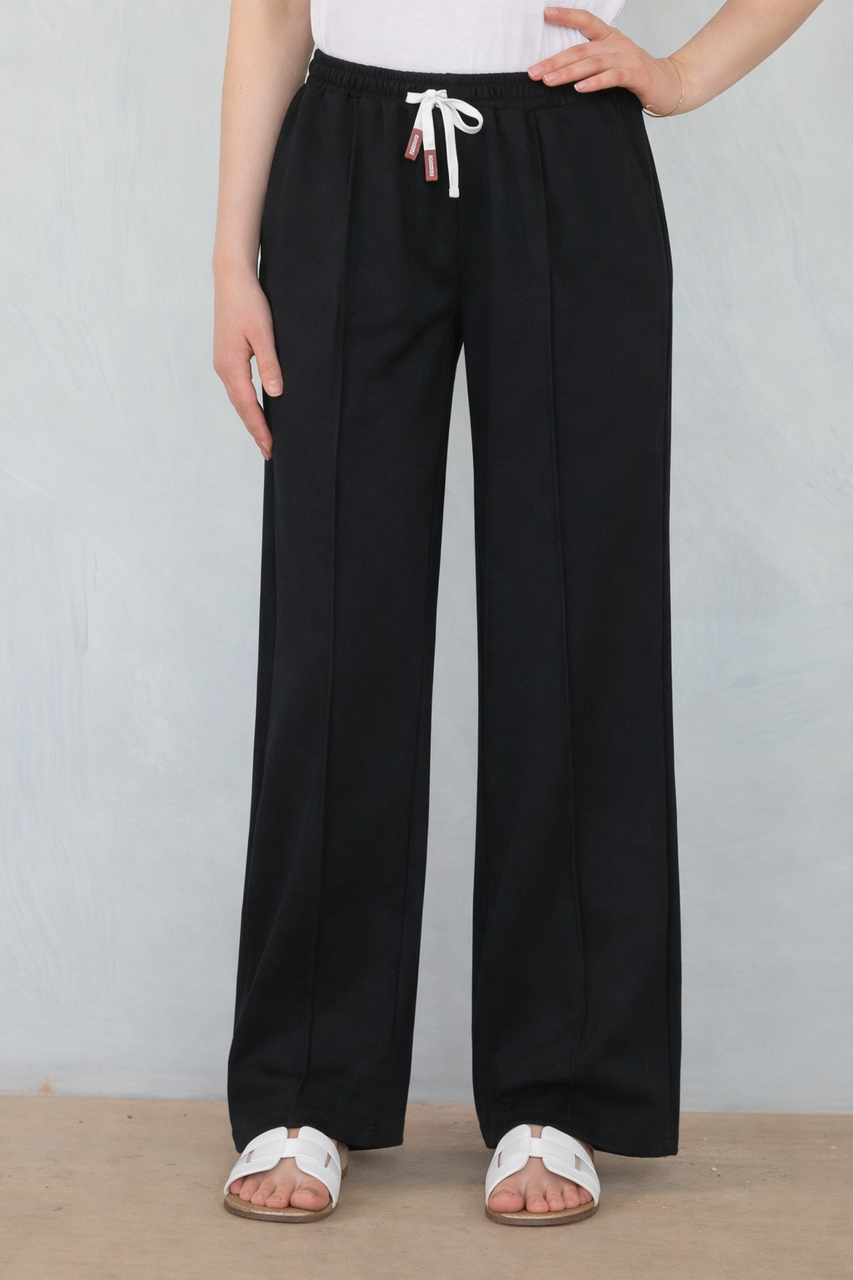 Wide-Leg Lounge Trousers with Drawstring Waist - Black