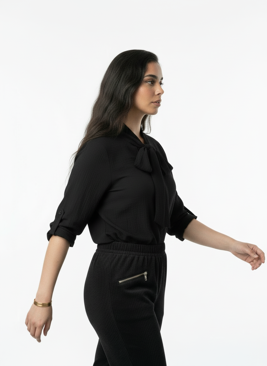 Elegant Textured Tie-Neck Blouse - Black
