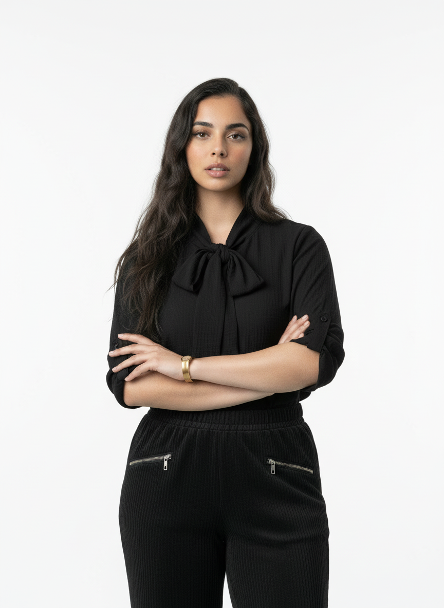 Elegant Textured Tie-Neck Blouse - Black
