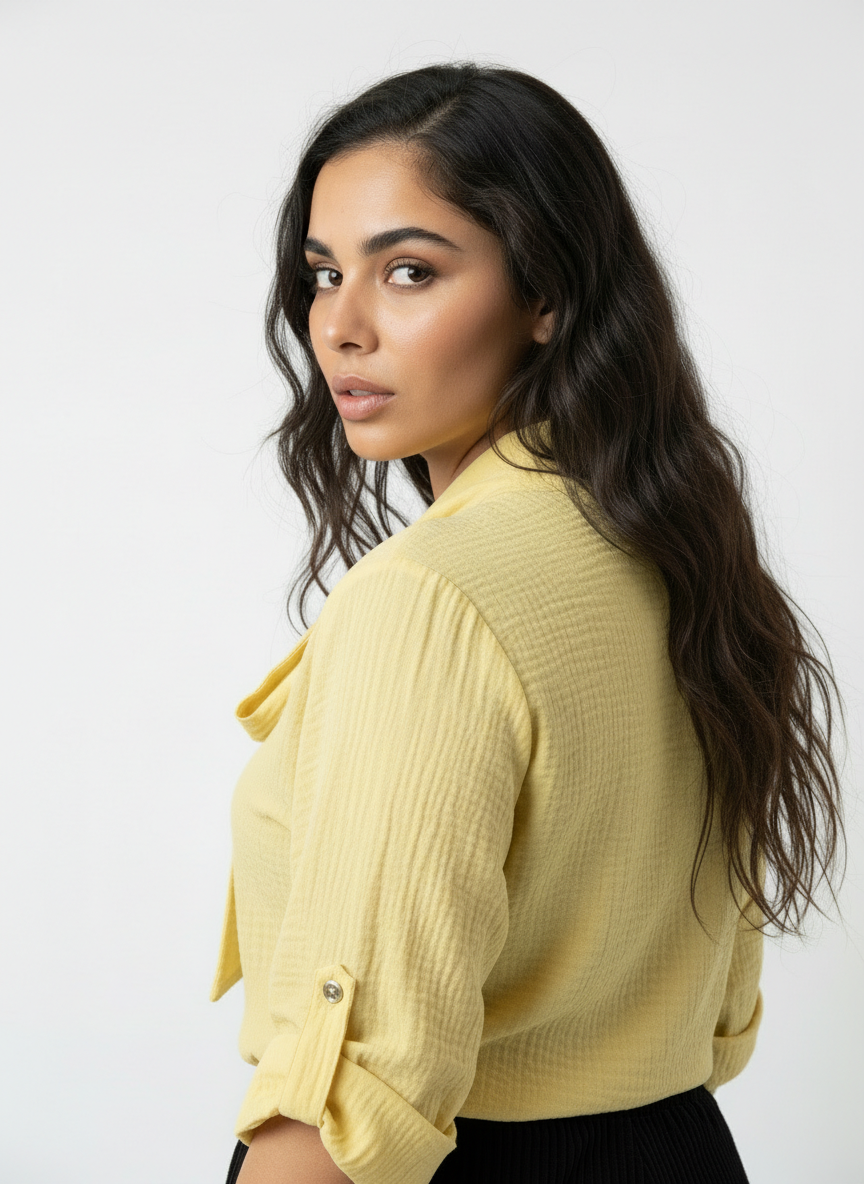Elegant Textured Tie-Neck Blouse - Lemon