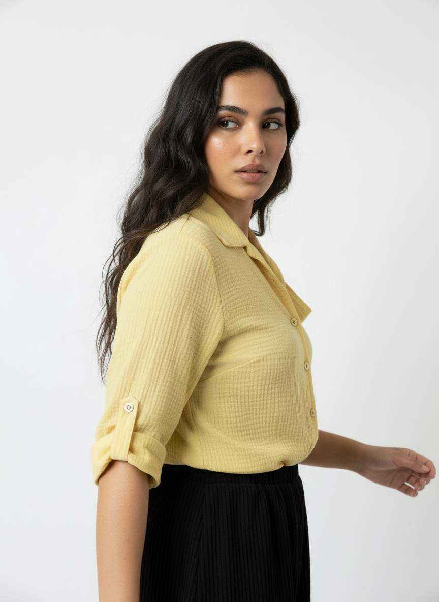 Elegant Textured Tie-Neck Blouse - Lemon