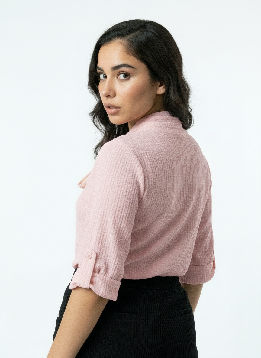 Elegant Textured Tie-Neck Blouse - Pink