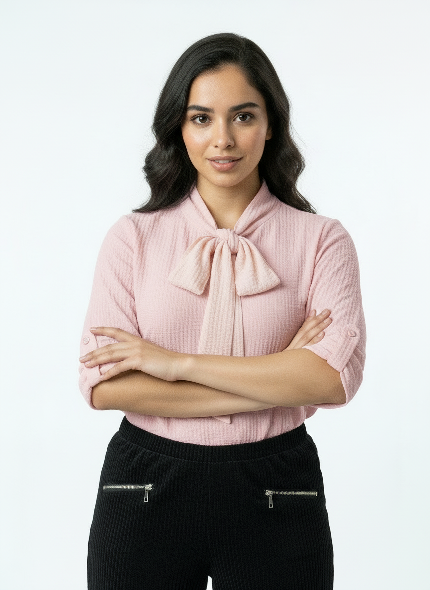 Elegant Textured Tie-Neck Blouse - Pink