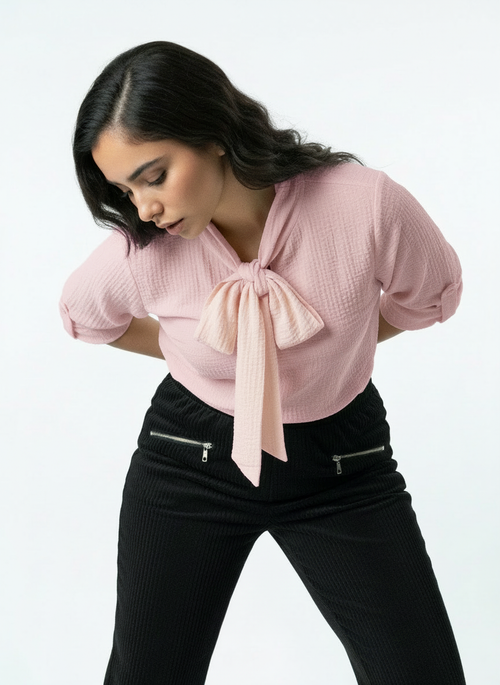 Elegant Textured Tie-Neck Blouse - Pink