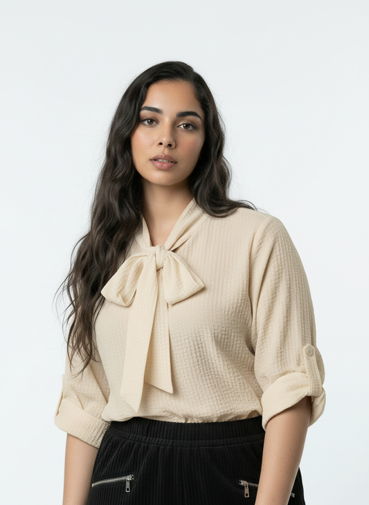 Elegant Textured Tie-Neck Blouse - Beige