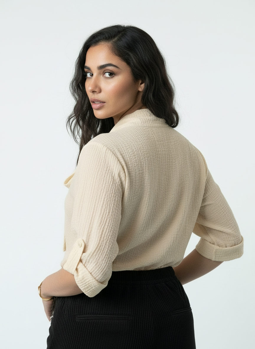 Elegant Textured Tie-Neck Blouse - Beige
