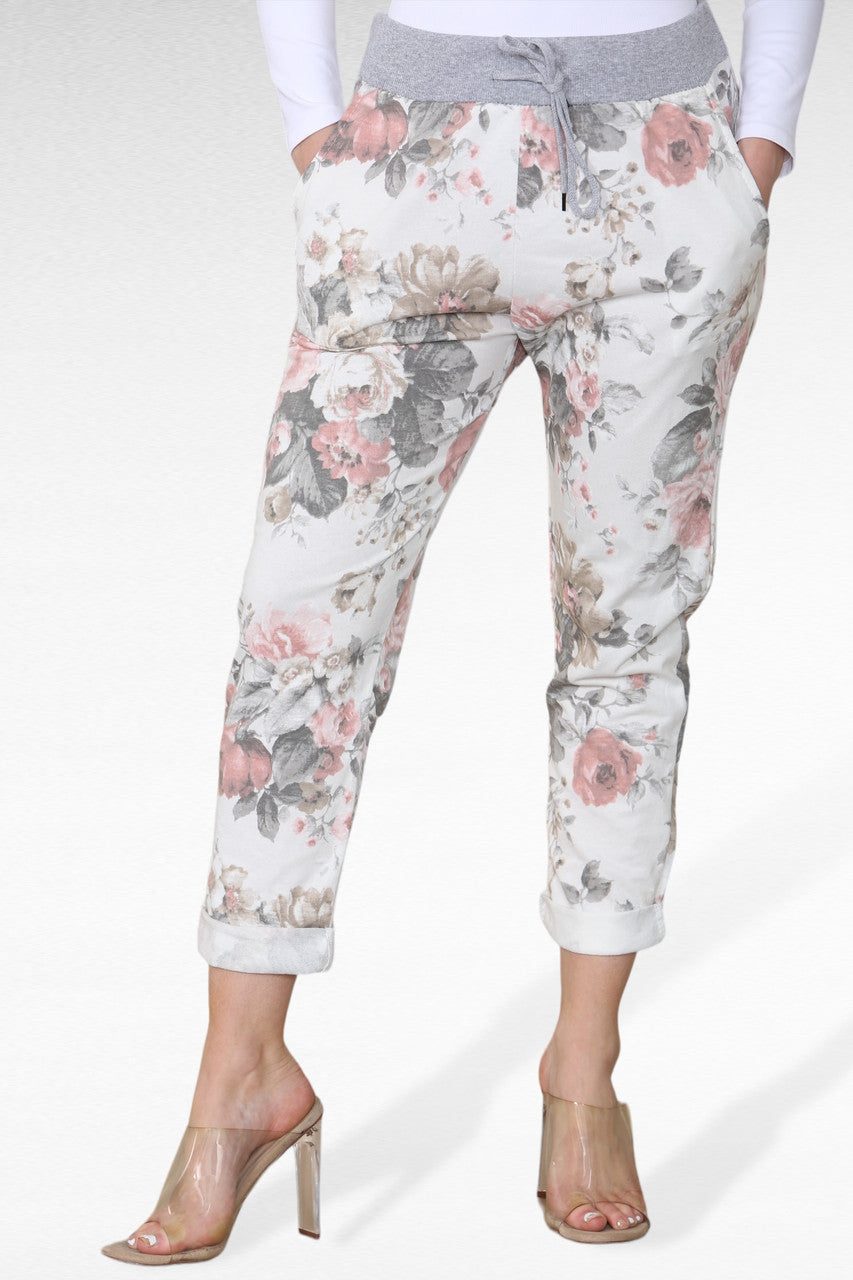 Floral Print Cropped Jogger Trousers with Elasticated Waist - White