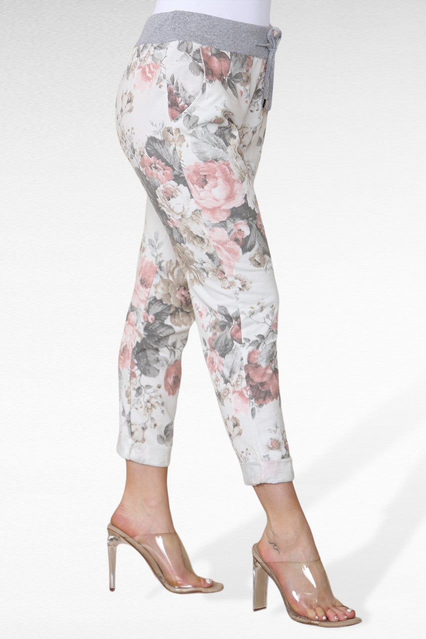 Floral Print Cropped Jogger Trousers with Elasticated Waist - White