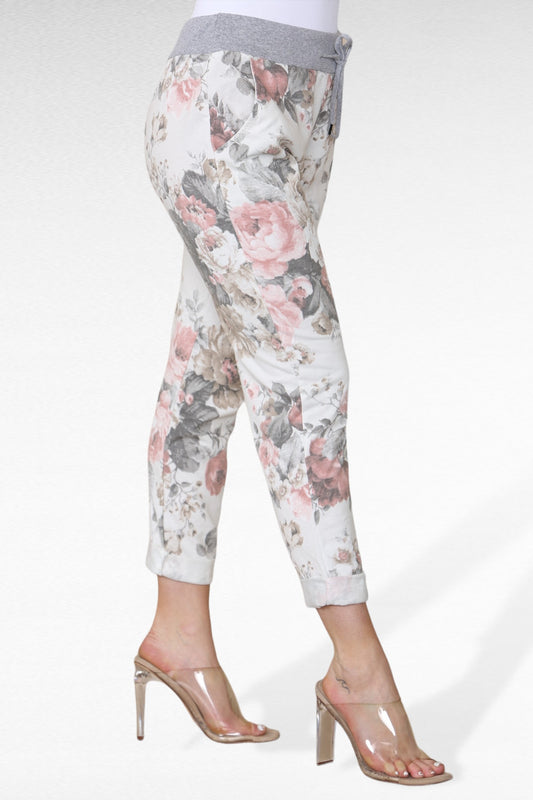 Floral Print Cropped Jogger Trousers with Elasticated Waist - White