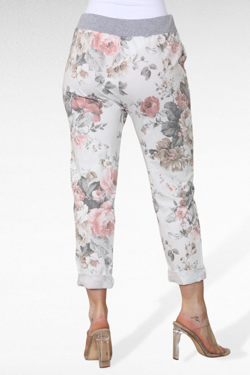 Floral Print Cropped Jogger Trousers with Elasticated Waist - White