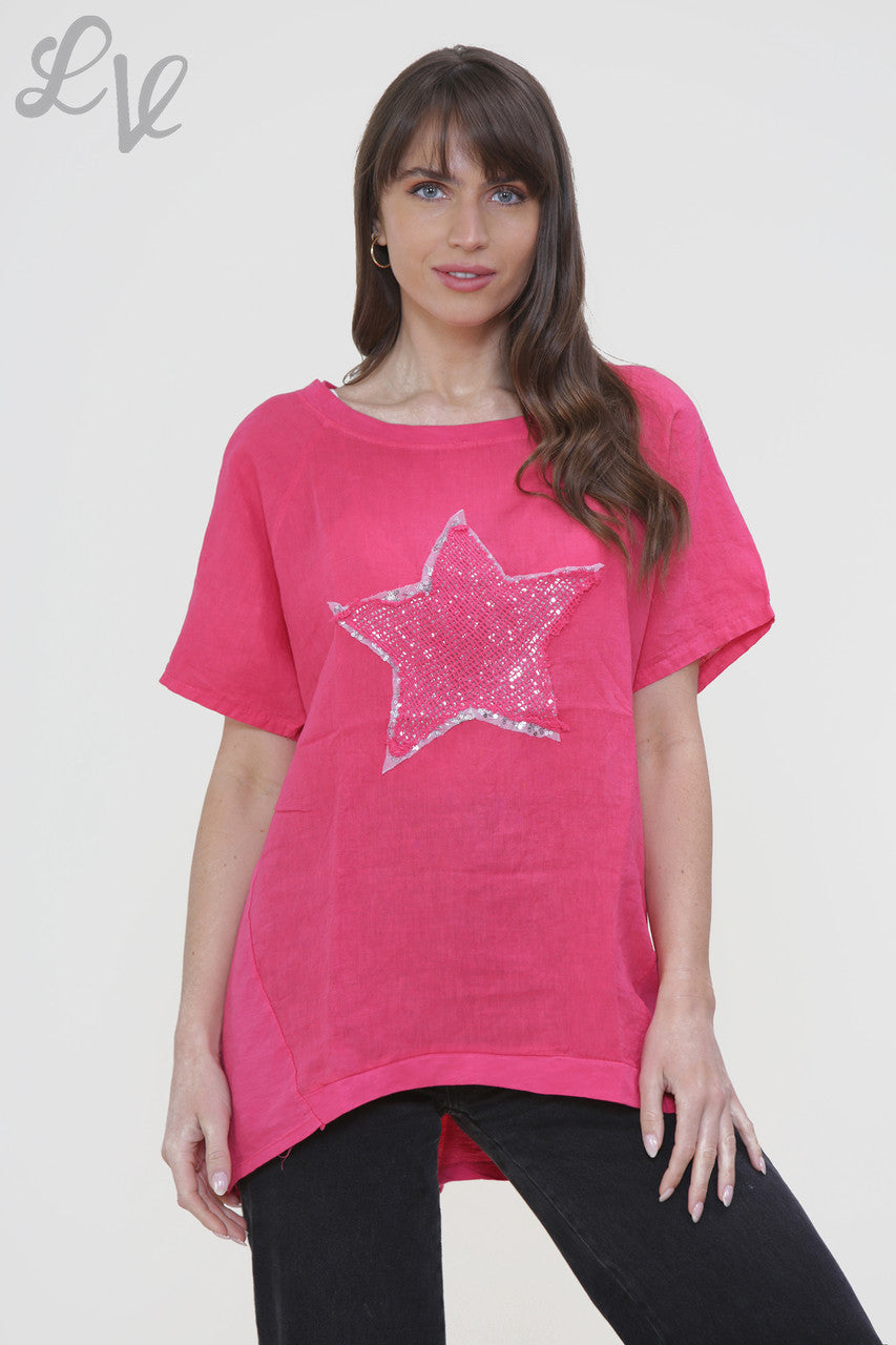 Ladies Mesh Sequin Star Top Cerise
