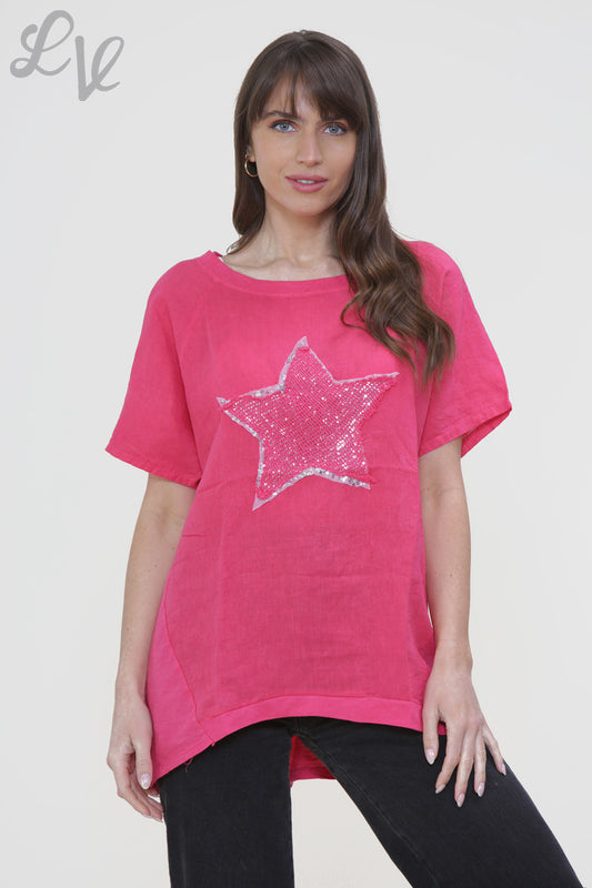 Ladies Mesh Sequin Star Top Cerise