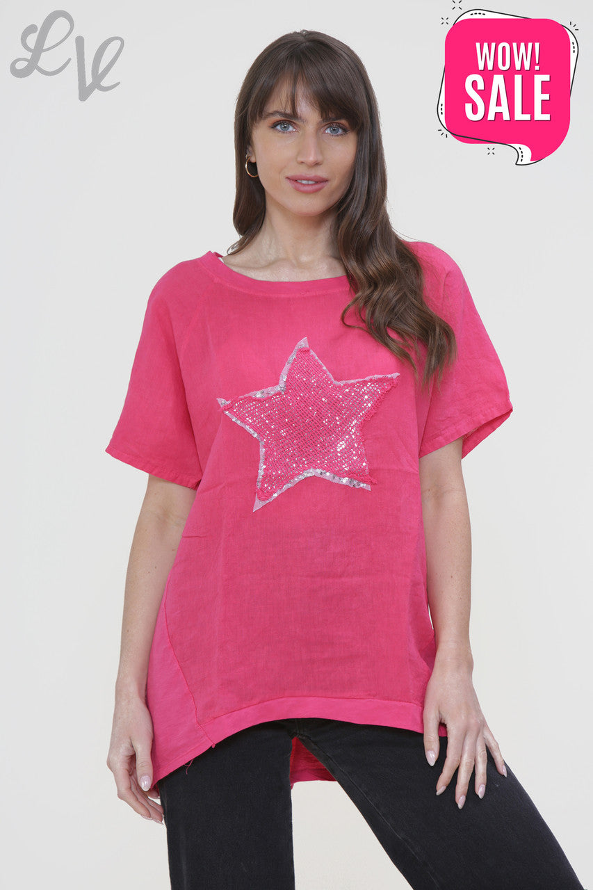 Ladies Mesh Sequin Star Top Cerise