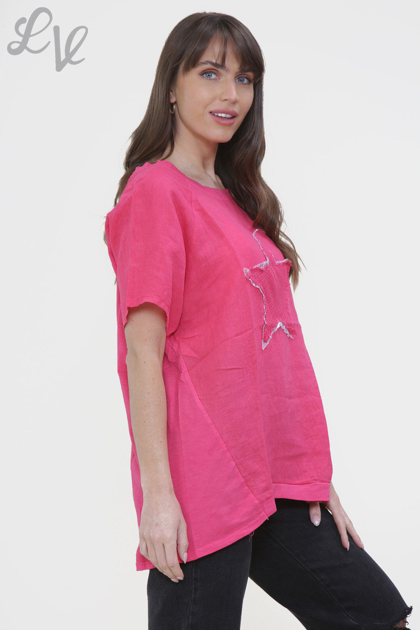 Ladies Mesh Sequin Star Top Cerise