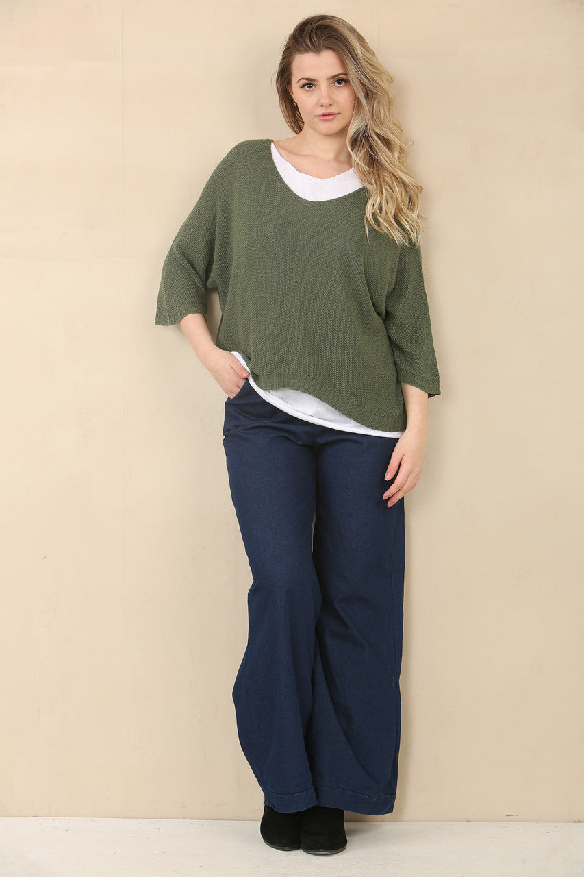 V-NECK FINE KNIT JUMPER - DARK KHAKI