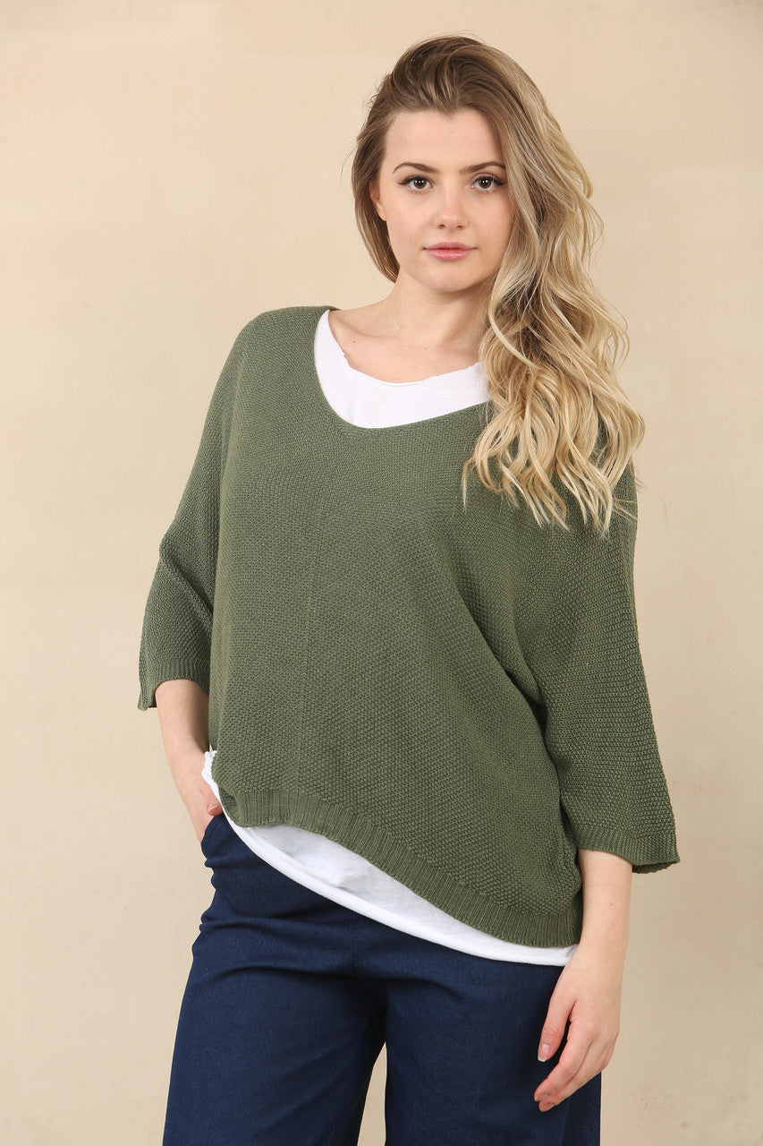 V-NECK FINE KNIT JUMPER - DARK KHAKI