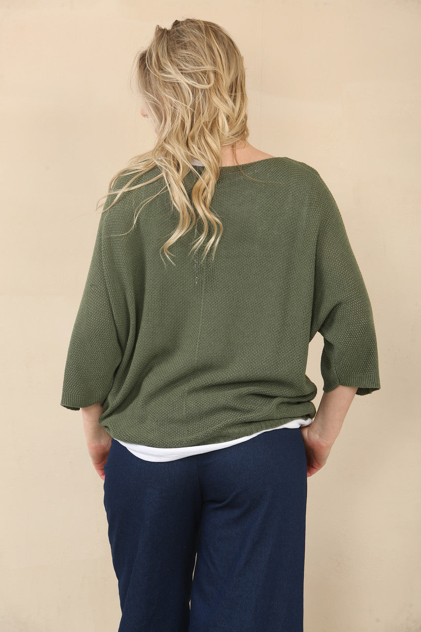 V-NECK FINE KNIT JUMPER - DARK KHAKI