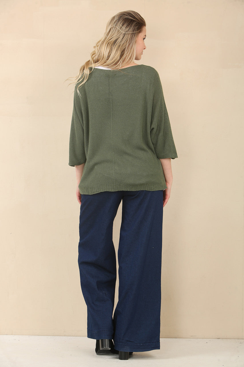 V-NECK FINE KNIT JUMPER - DARK KHAKI