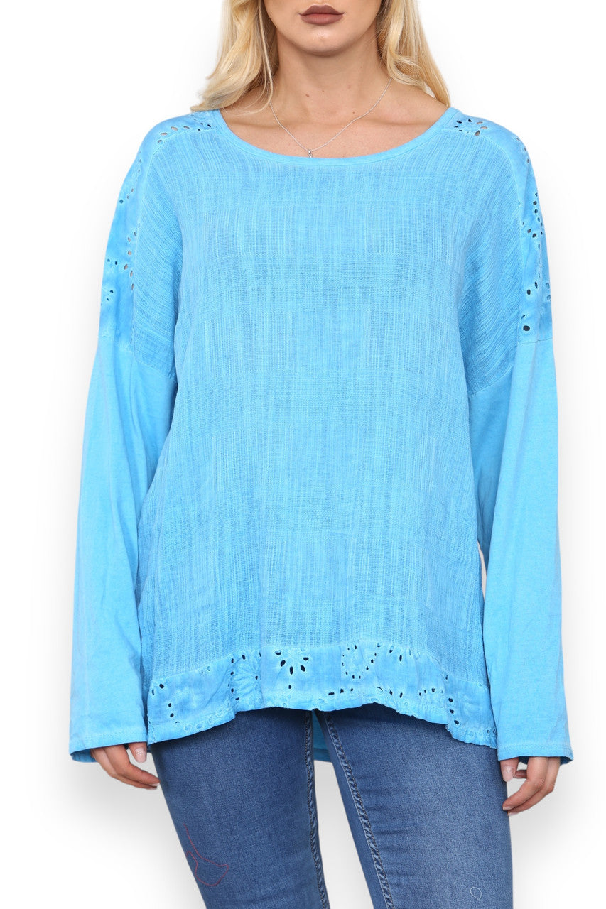 ANGLAISE SHOULDER & HEM DETAIL TOP TURQUOISE