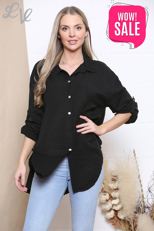 Ladies Plain Button Front Shirt Top Black