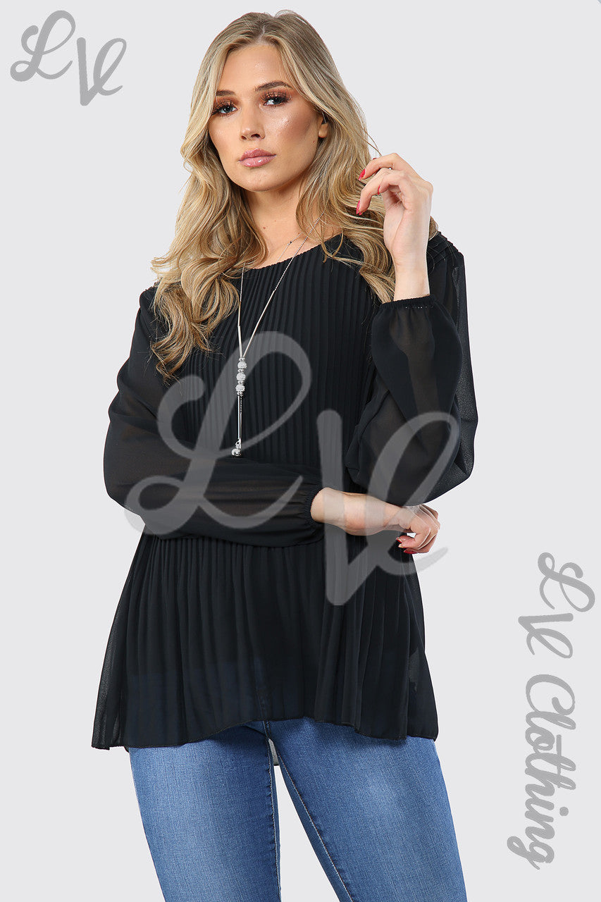 Ladies Pleated Long Sleeve Blouse With Necklace Black - Unit Price £9.99