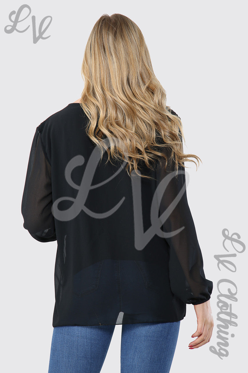 Ladies Pleated Long Sleeve Blouse With Necklace Black - Unit Price £9.99