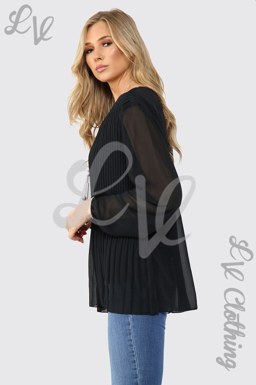 Ladies Pleated Long Sleeve Blouse With Necklace Black - Unit Price £9.99
