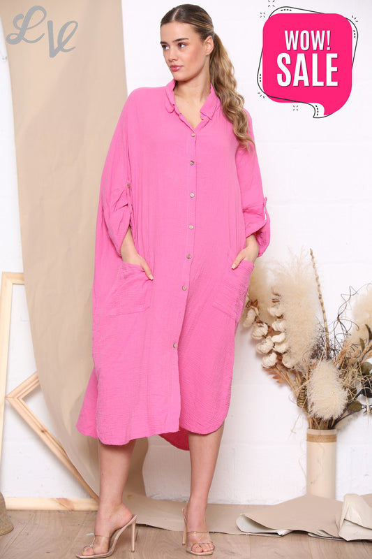 Dames maxi relaxte overhemdjurk cerise