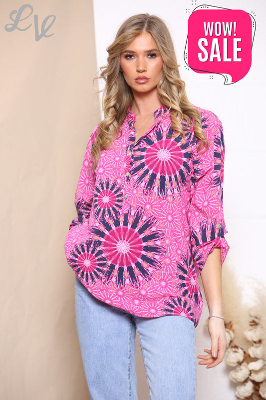Ladies Tie Dye Circles Print Shirt Top Cerise