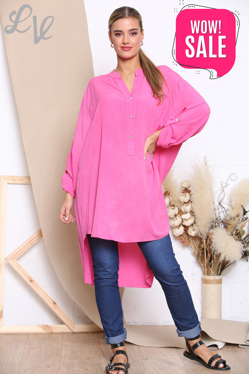 Ladies Longline Floaty Grandad Collar Shirt Cerise