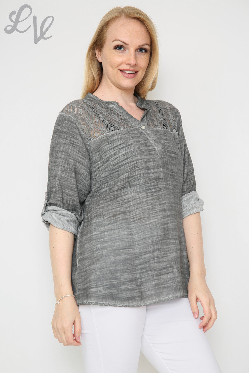 Ladies Lace Shoulder Detail Shirt Charcoal Unit Price £16.99