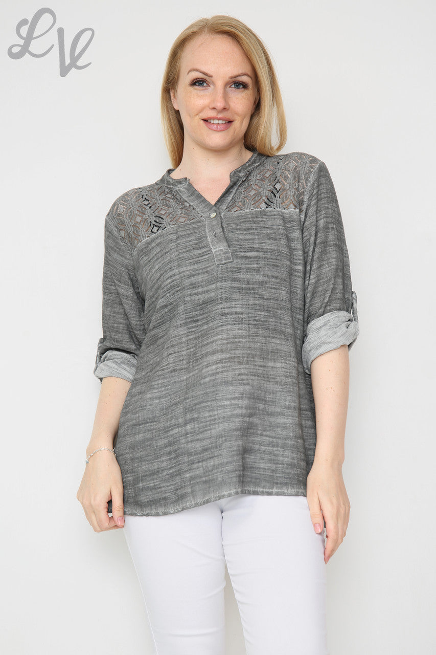 Ladies Lace Shoulder Detail Shirt Charcoal Unit Price £16.99