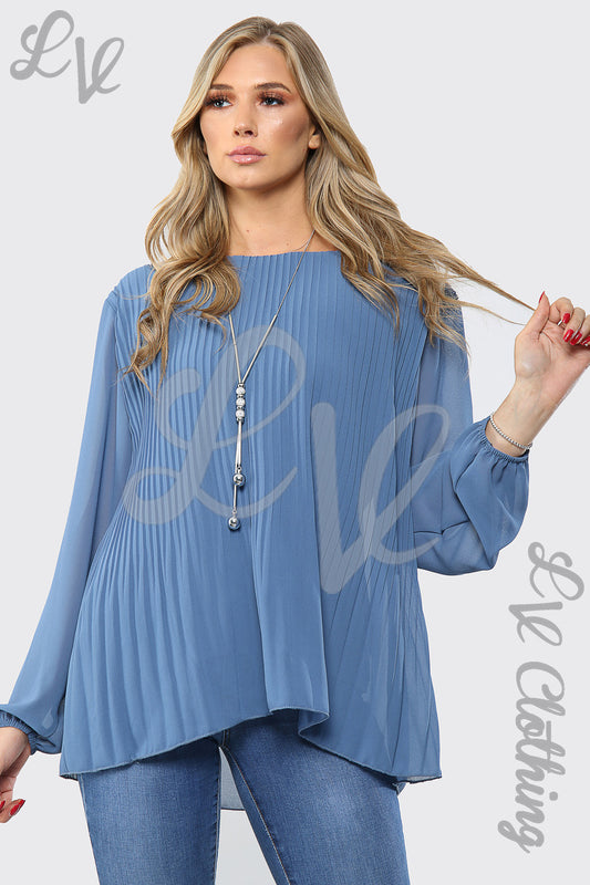 Blue pleated long-sleeve blouse with necklace, scoop neckline and gathered cuffs