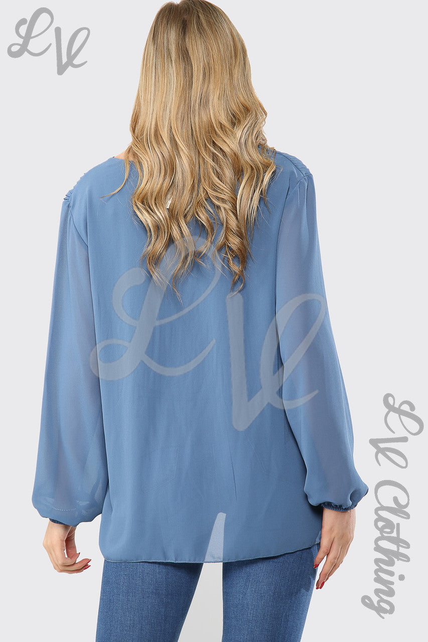 Ladies Pleated Long Sleeve Blouse With Necklace Denim - Unit Price WAS £8.2