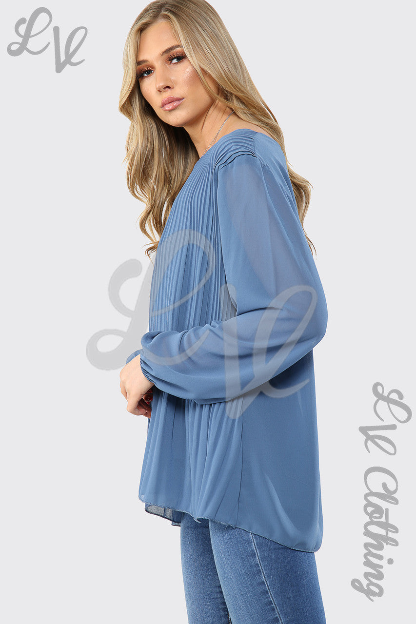 Ladies Pleated Long Sleeve Blouse With Necklace Denim - Unit Price WAS £8.2