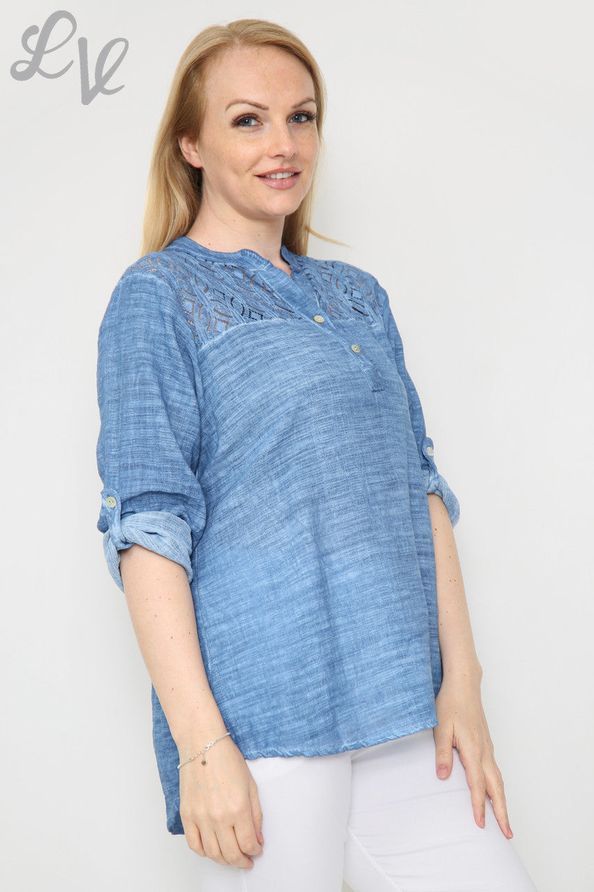 Ladies Lace Shoulder Detail Shirt Denim