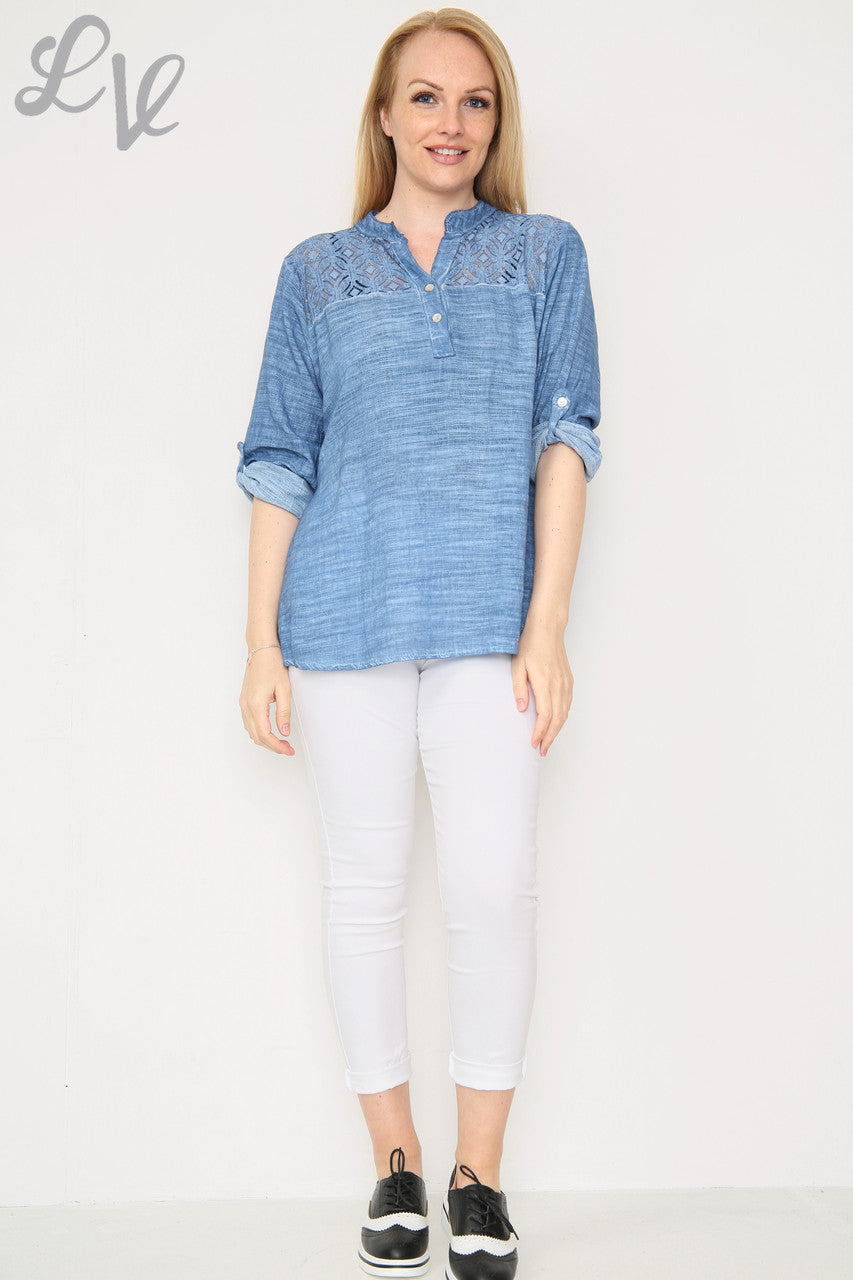 Ladies Lace Shoulder Detail Shirt Denim