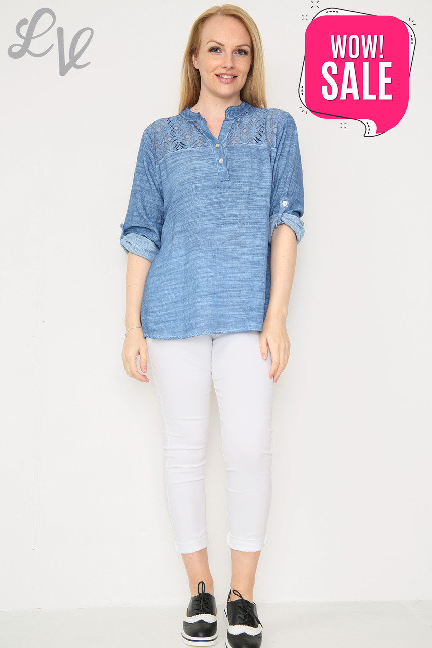 Ladies Lace Shoulder Detail Shirt Denim