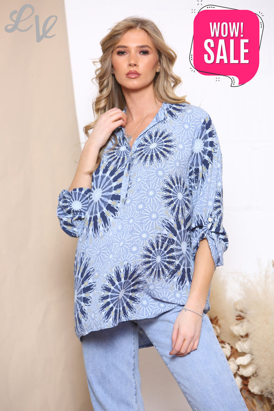 Ladies Tie Dye Circles Print Shirt Top Denim