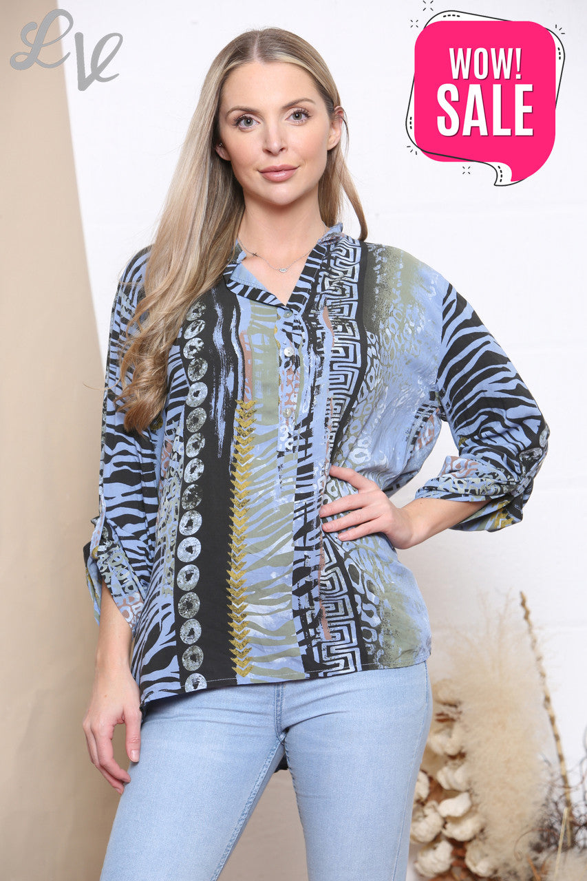 Ladies Mixed Print Shirt Top Denim